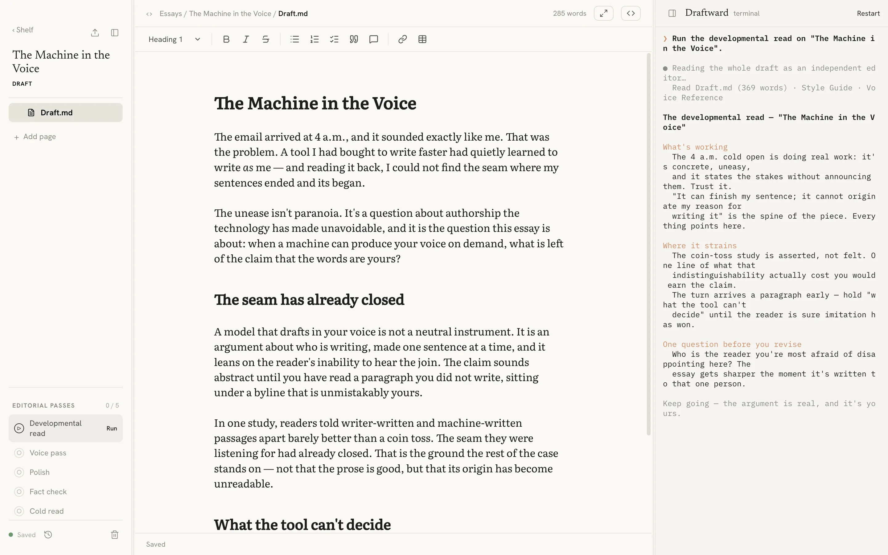 The Draftward editor in the Ivory & Ink theme, light mode