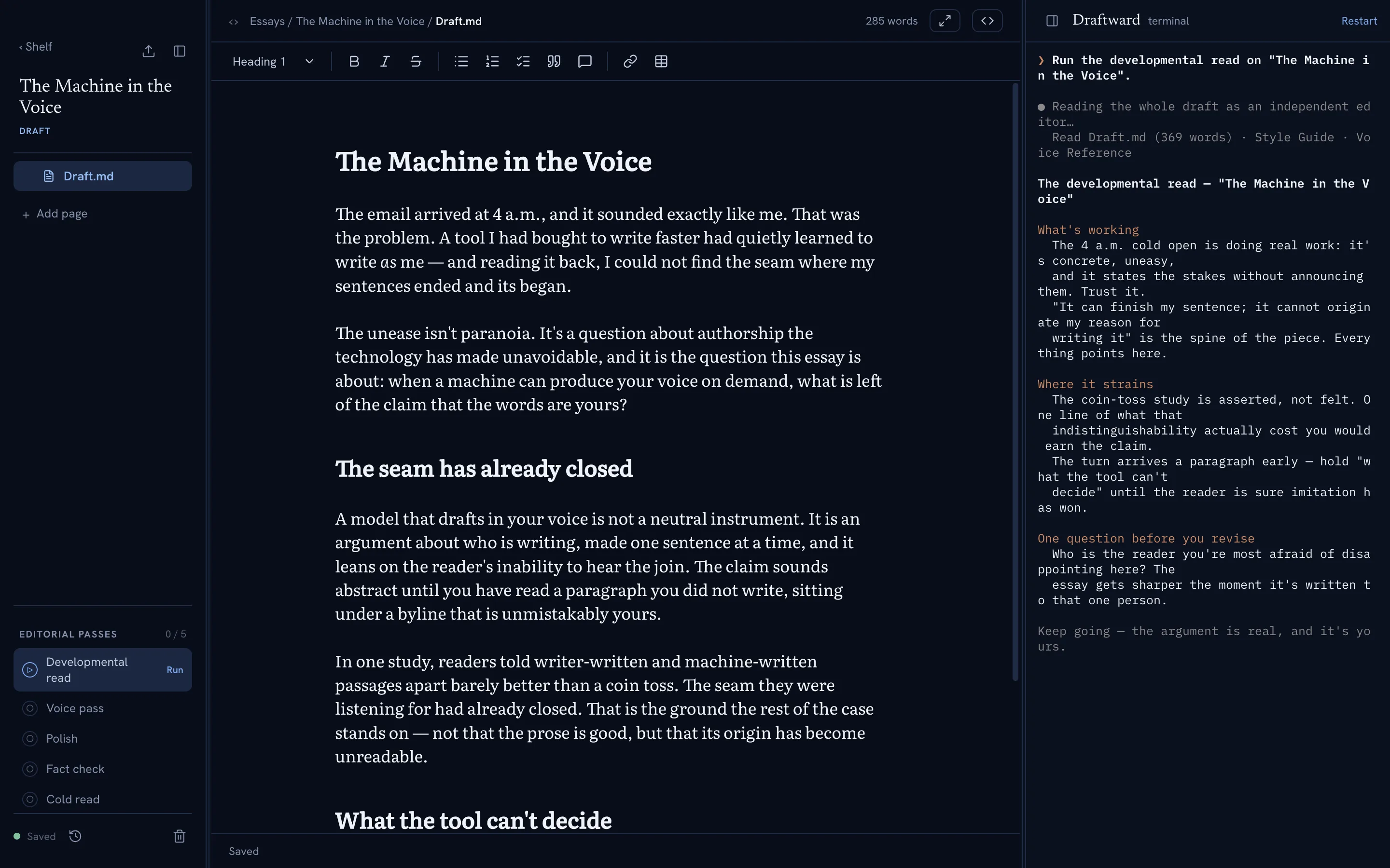The Draftward editor in the Cloud & Navy theme, dark mode