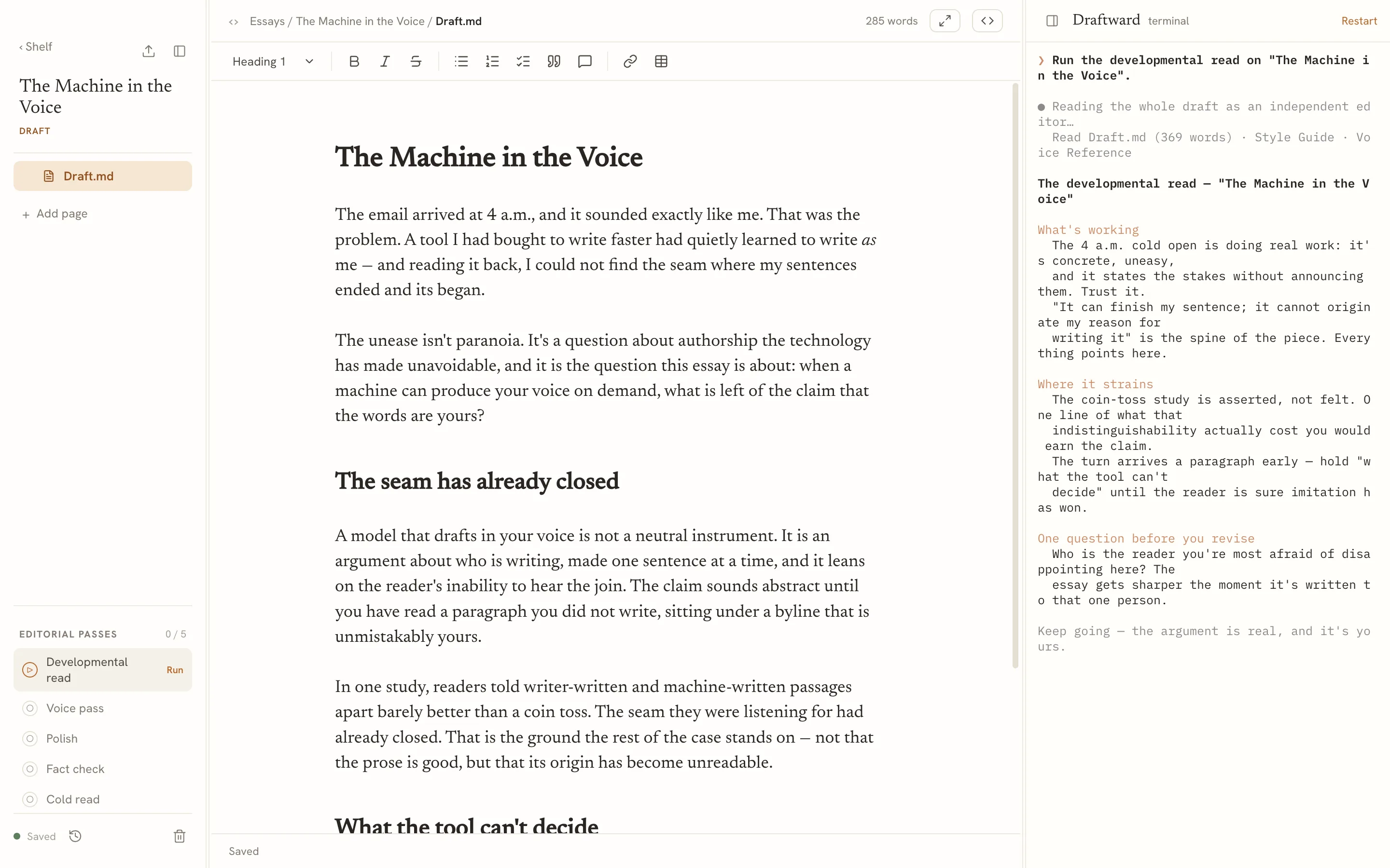 The Draftward editor in the Newsletter theme, light mode