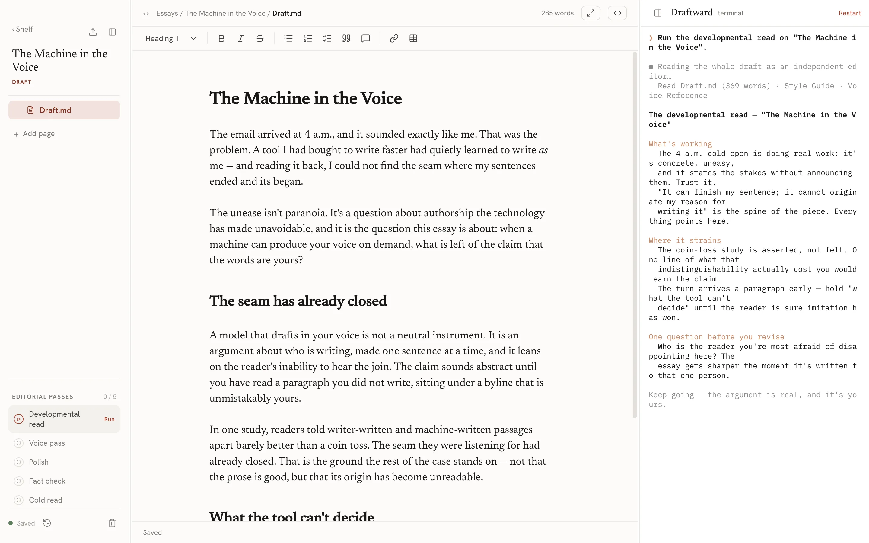 The Draftward desktop app: the essay's pages and its five editorial passes on the left, a typeset draft in the editor, and a developmental read running in the terminal on the right.