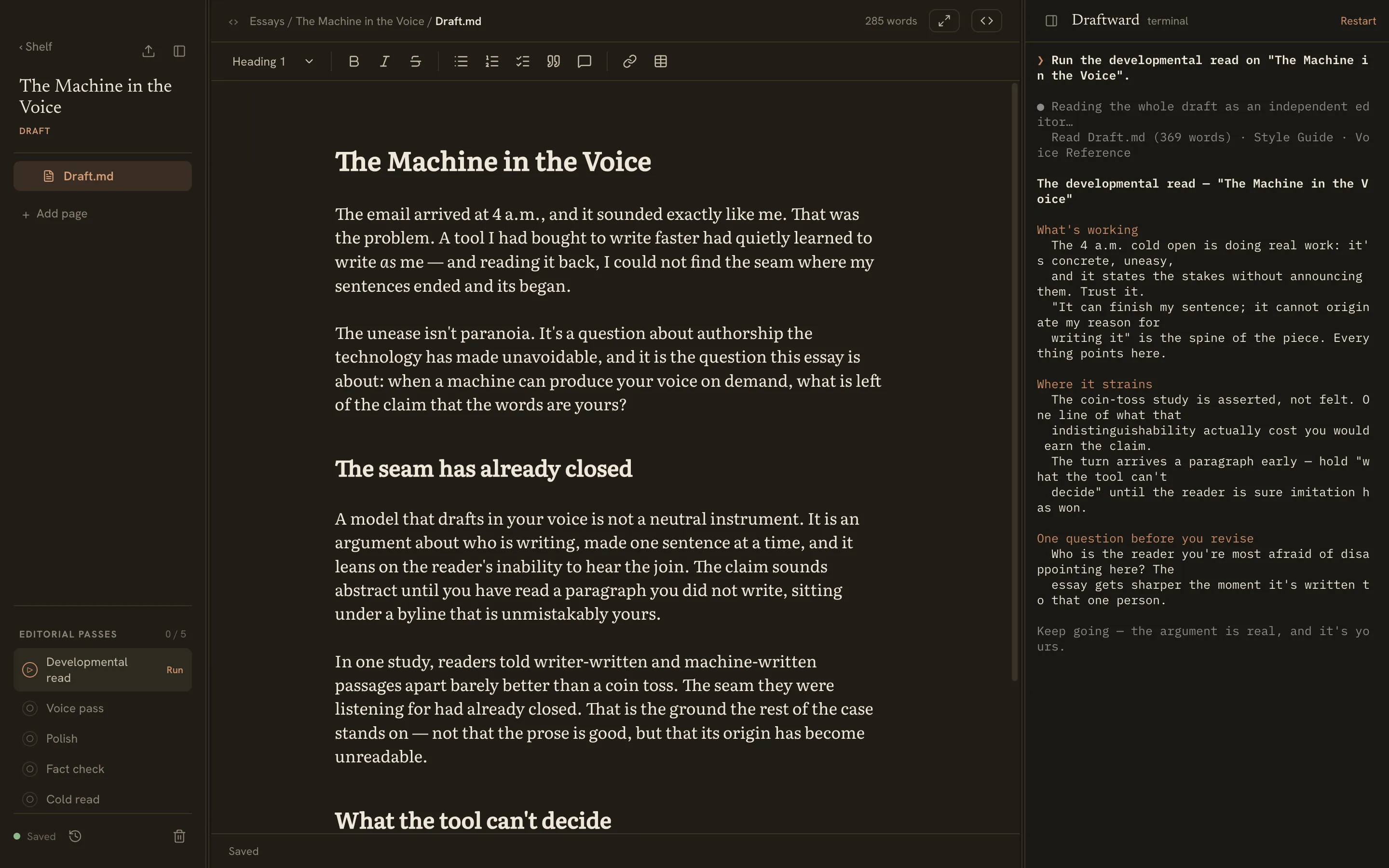The Draftward editor in the Paper & Terracotta theme, dark mode